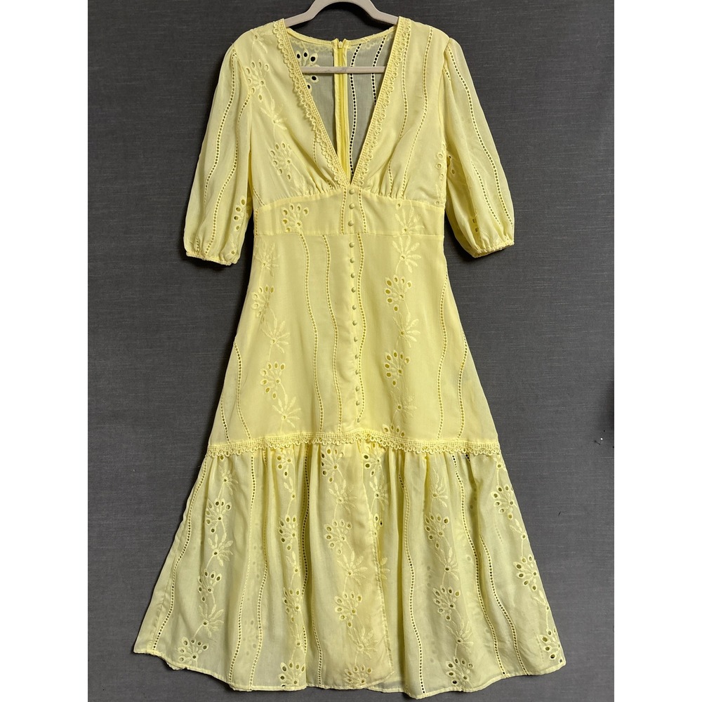 NEW Anewsta Dress 6 Yellow Eyelet Embroidery Tiered Midi Cottage Retro Hippie